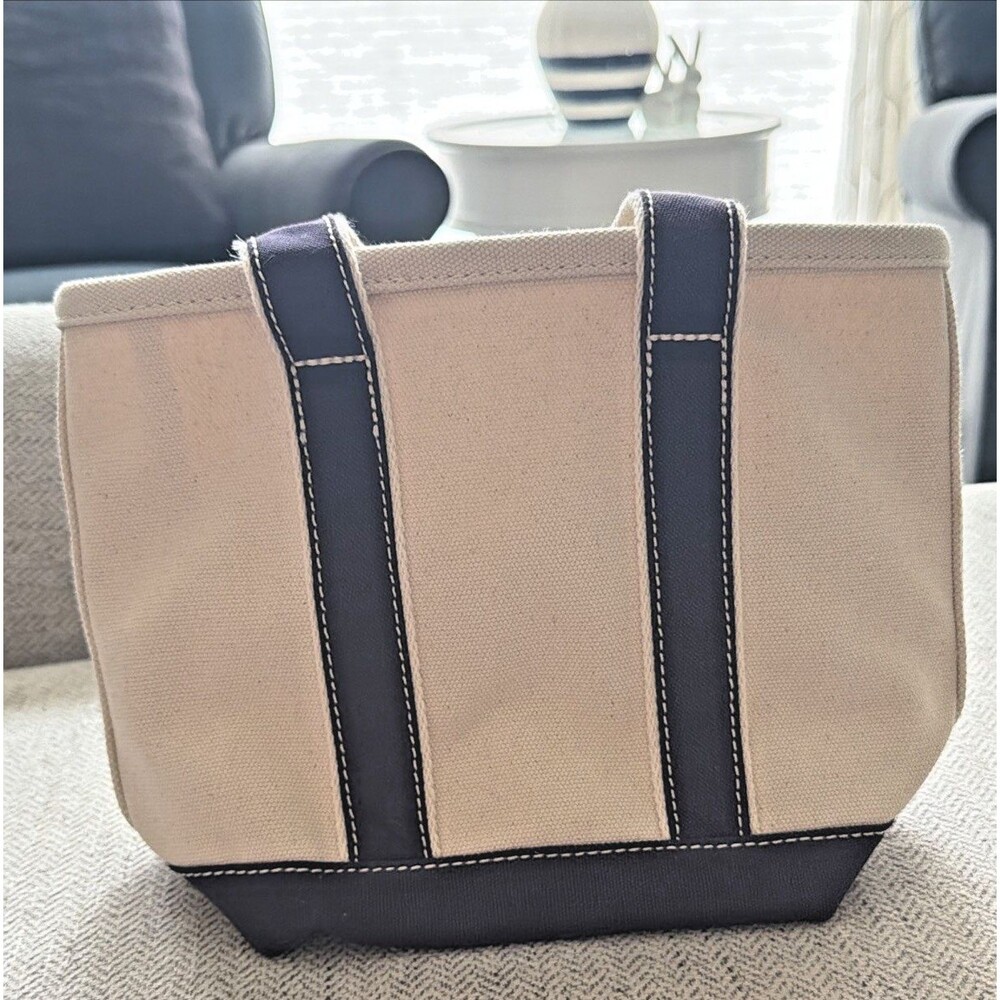 LANDS END Boat Bag Tote Nautical Natural and Navy Stripe Mini